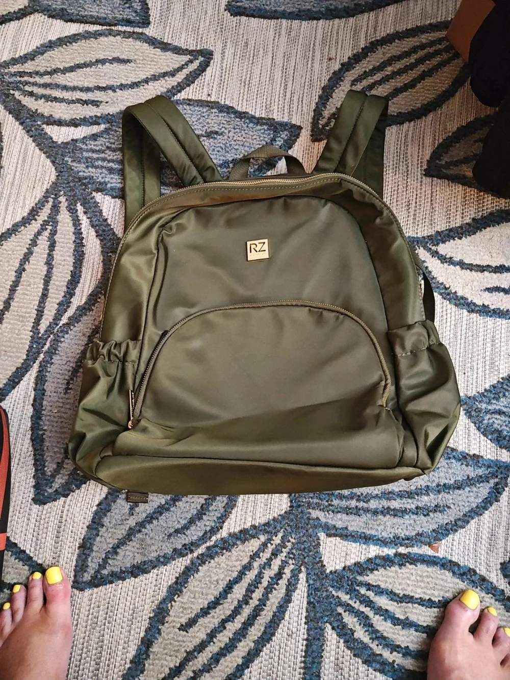 Rachel Zoe Green Backpack with Gold Logo Plaque